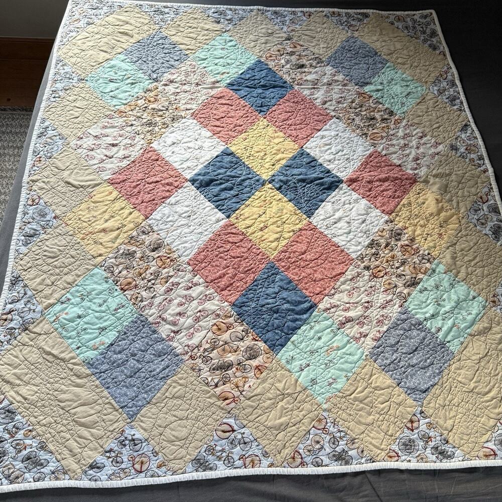 Handmade Throw Lap Quilt 54”x 45” Country Charm Diamond Patch Bicycle Themed - Picture 2 of 8